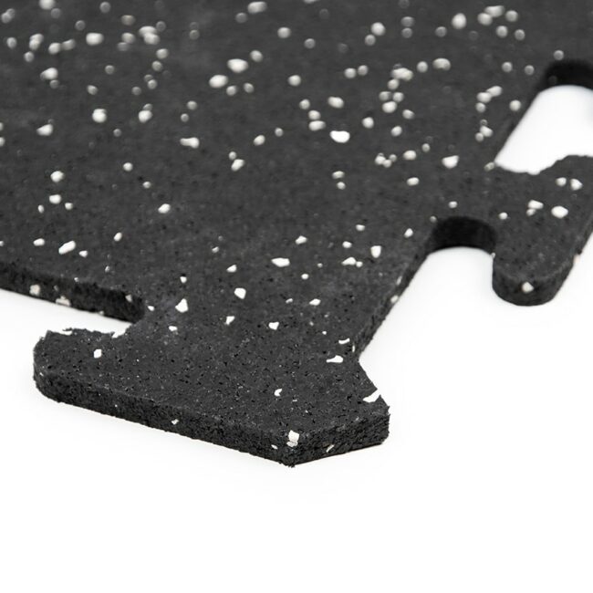 Interlocking gym tile in black with grey speckles, 50x50 cm rubber flooring for light and medium gym use.