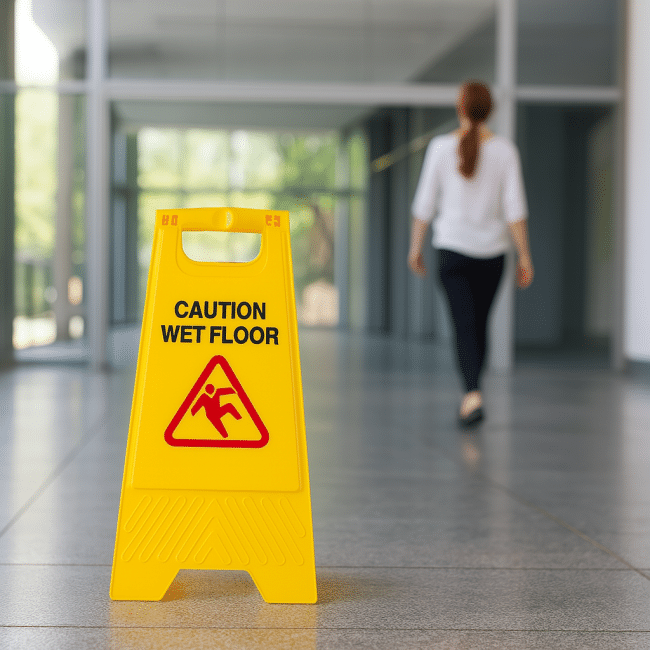 Bright yellow Wet Floor Sign A-Frame placed near entrance of a retail store to alert customers to freshly mopped floor