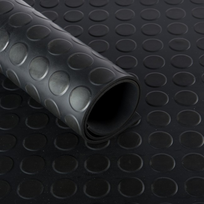 Stud, checker and diamond rubber flooring rolls – available in black, red and grey