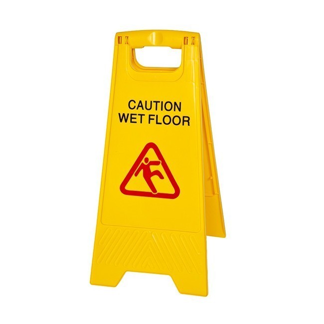 Yellow Wet Floor A-Frame sign placed on a warehouse floor to warn staff of slippery surface after cleaning