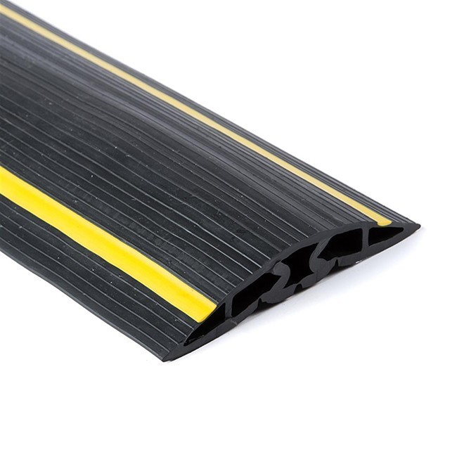 Wide rubber cable protector with 5 channels and high-visibility yellow stripe for events